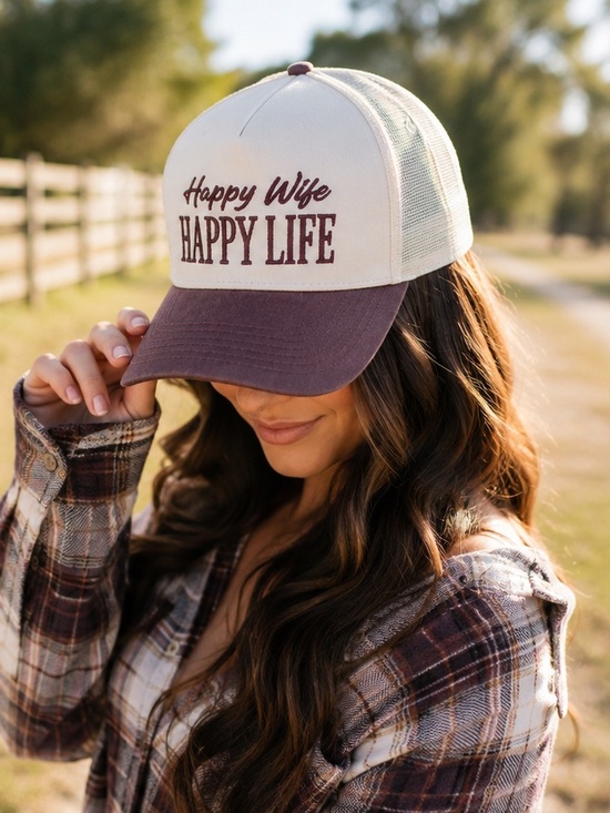 Zenana Outfitters Accessories - 🆕 Happy Wife Happy Life Trucker Hat Raisin Cream Embroidered Snapback Cap
